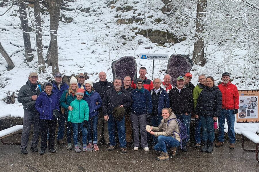 Twenty GeoBadgers reunite at Cave of the Mounds in wintertime.