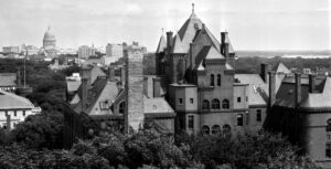 black and white photo of science hall looking east toward capital