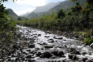 a rocky river between mountains